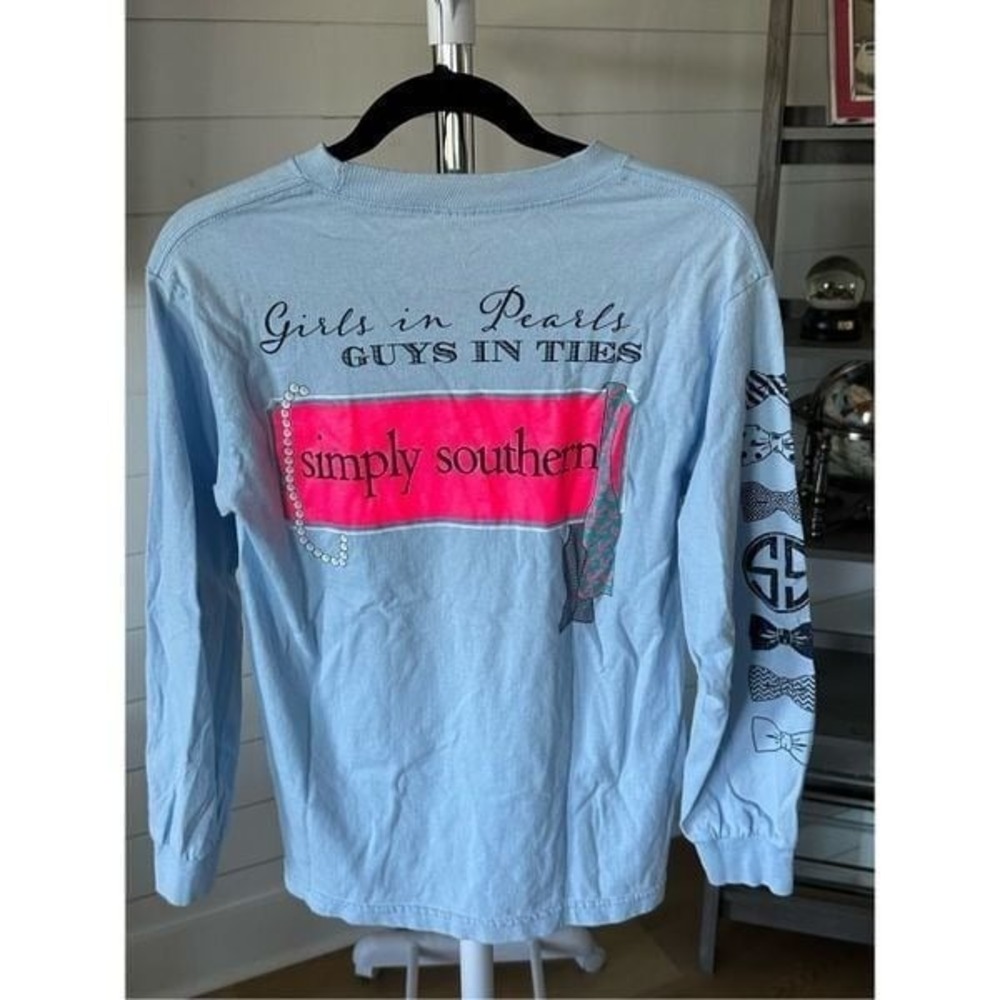 Simply Southern Long Sleeve T-Shirt Womens Small Blue Pearls Ties Preppy Casual